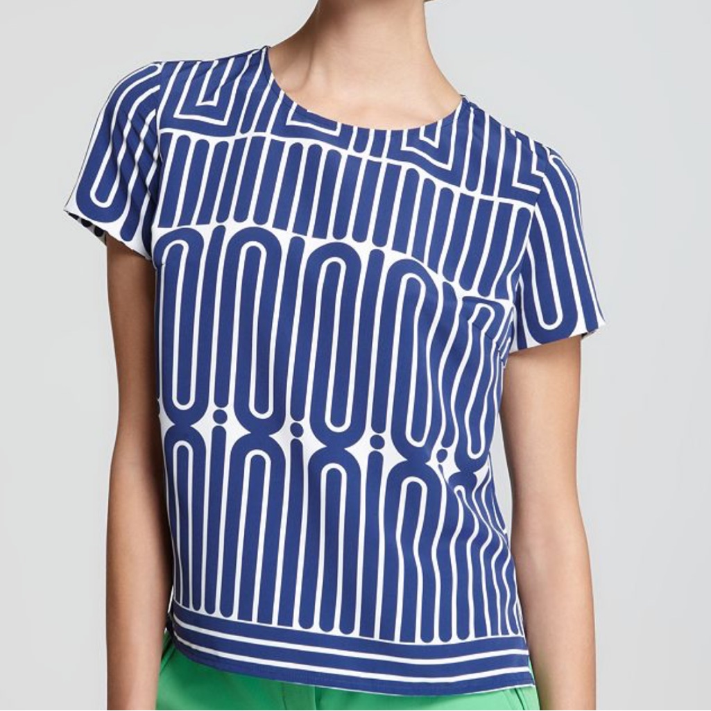 Trina Turk Maricruz Geometric Printed Short Sleeve Top Size 2 In Blue & White 2